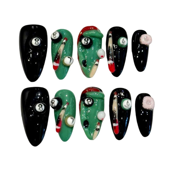 10pcs Personalized Street Style Handmade False Nails 3D Black Eight Table Tennis Decor Press On Nail Spicy Girl Almond Fake Nail