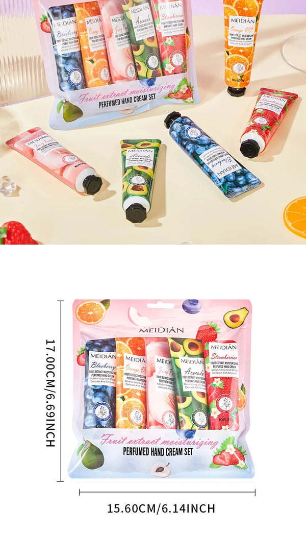 Meidian Fruit Fragrance Hand Cream Packaged Set of 5 Moisturizing and Hydrating Hand Cream Set for Autumn and Winter to Prevent Dryness and Cracking, Hand Care Cream for Skin Softening and Nourishment, Hand Moisturizing Cream