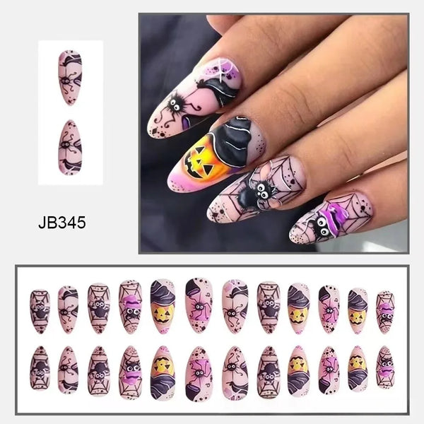 24PCS Halloween Press On Nails Red French Tip Black Spider Web Pattern Holiday Party Cosplay Style Short Square False Nails