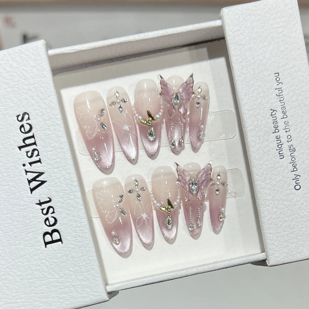 10Pcs Almond Mid-length Oval Fake Nails Blush Purple Grid Pattern Fashion Nail with Shiny Butterfly Cat Eye Design Manicure Tool