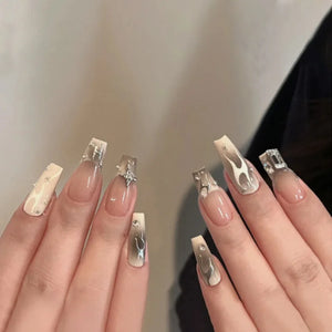 24pcs Pink Leopard Print Fake Nails French Press on Nails Y2K Sweet Cool Long Square False Nails Stars Pearl Rhinestone Nail Art