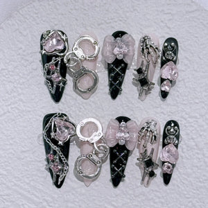 10pcs Y2k Almond False Nails Hot Girl Press on Nails Black Sweet Cool Fake Nails Heart Diamond Bowknot Glue on Nail for Women