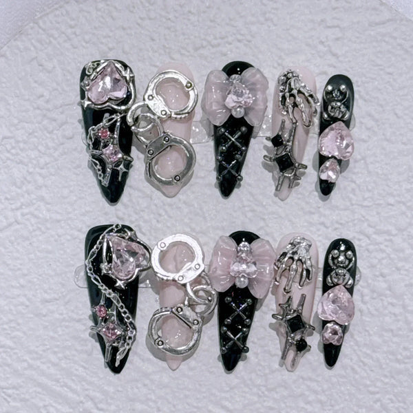 10pcs Y2k Almond False Nails Hot Girl Press on Nails Black Sweet Cool Fake Nails Heart Diamond Bowknot Glue on Nail for Women