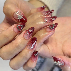 24pcs Long Stiletto False Nails Halloween Gradient Red Full Cover Nail Tip Lines Design Fake Nail Wearable Almond Press on Nails