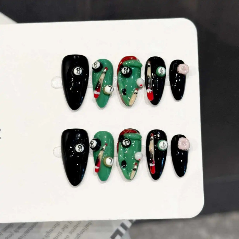 10pcs Personalized Street Style Handmade False Nails 3D Black Eight Table Tennis Decor Press On Nail Spicy Girl Almond Fake Nail