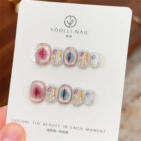 10Pcs Handmade Press on Nails Blue Fake Nails with Fish Pattern Wearable Stick-on Nails Full Cover False Nai