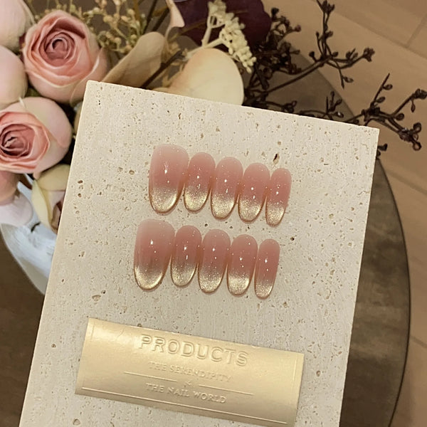10Pcs Almond Mid-length Oval Fake Nails Blush Purple Grid Pattern Fashion Nail with Shiny Butterfly Cat Eye Design Manicure Tool