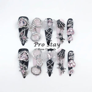 10pcs Dark Black Y2k Hot Girl Handmade Press On Nails Sweet Cool With Diamond Metal Decoration Wearable Artificial False Nail