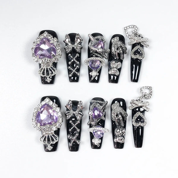 10pcs Dark Black Y2k Hot Girl Handmade Press On Nails Sweet Cool With Diamond Metal Decoration Wearable Artificial False Nail