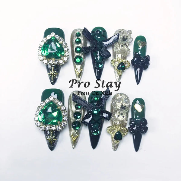 10pcs Dark Black Y2k Hot Girl Handmade Press On Nails Sweet Cool With Diamond Metal Decoration Wearable Artificial False Nail