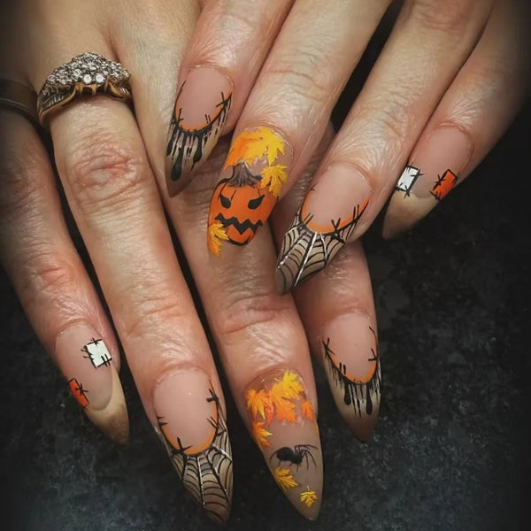 24PCS Halloween Press On Nails Red French Tip Black Spider Web Pattern Holiday Party Cosplay Style Short Square False Nails