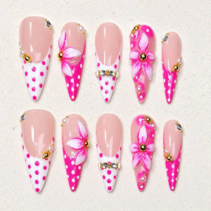 10Pcs Long Stiletto Colorful Flowers Rhinestone Summer Fresh Fake Nails for Spice Girl Sweet Cool  Summer Wearable Acrylic Nails