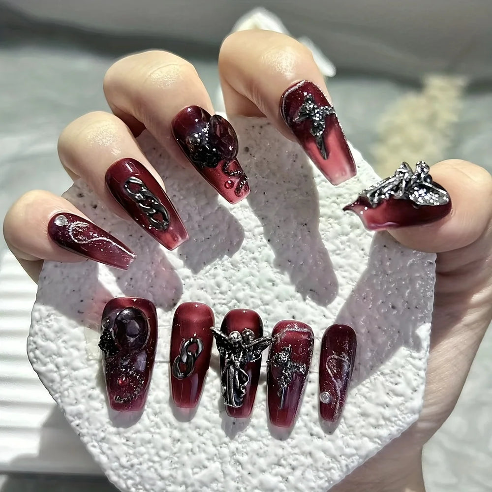 10 Pieces Sweet Cool Dark Style Handmade Wearable Nails Star River Falls Nail Art Patches Scarlet Angel Halloween Fake Nails