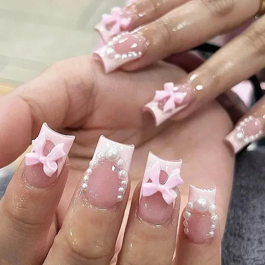 24pc Short Square French Fake Nails with Pearl Bow Acrylic Pink False Nail Art Removable Press on Fake Nails Full Cover Nail Tip