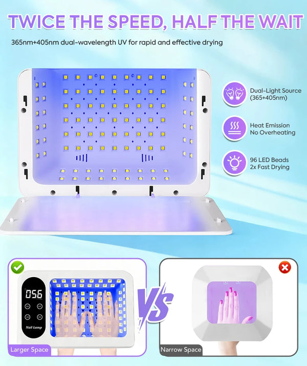 2-in-1 Hand Pillow UV/LED Nail Lamp – 96 Beads 2X Fast Drying, 4 Timer Modes & Removable Base Nail lamp fast drying