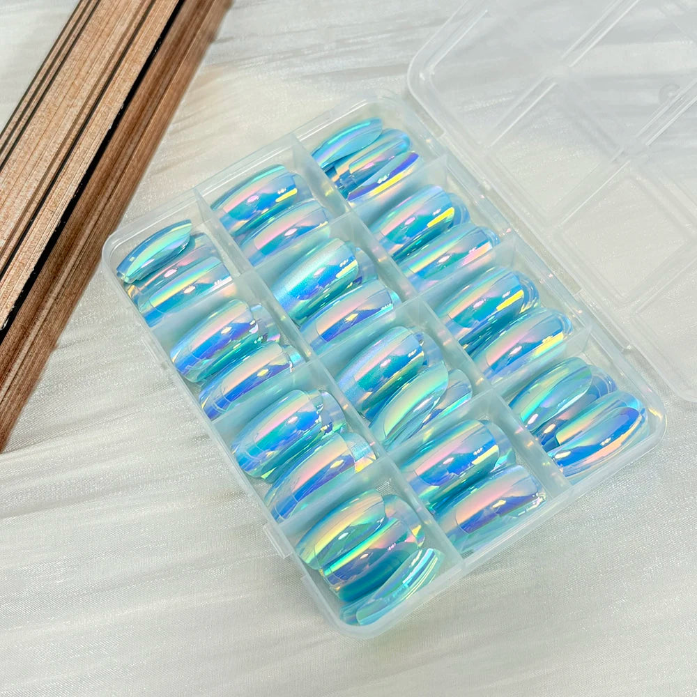 144pcs Blue Chrome Gradation Press on Nails Chameleon Medium Long Square Fake Nails Reflective Mirror Ombre False Nail for Women