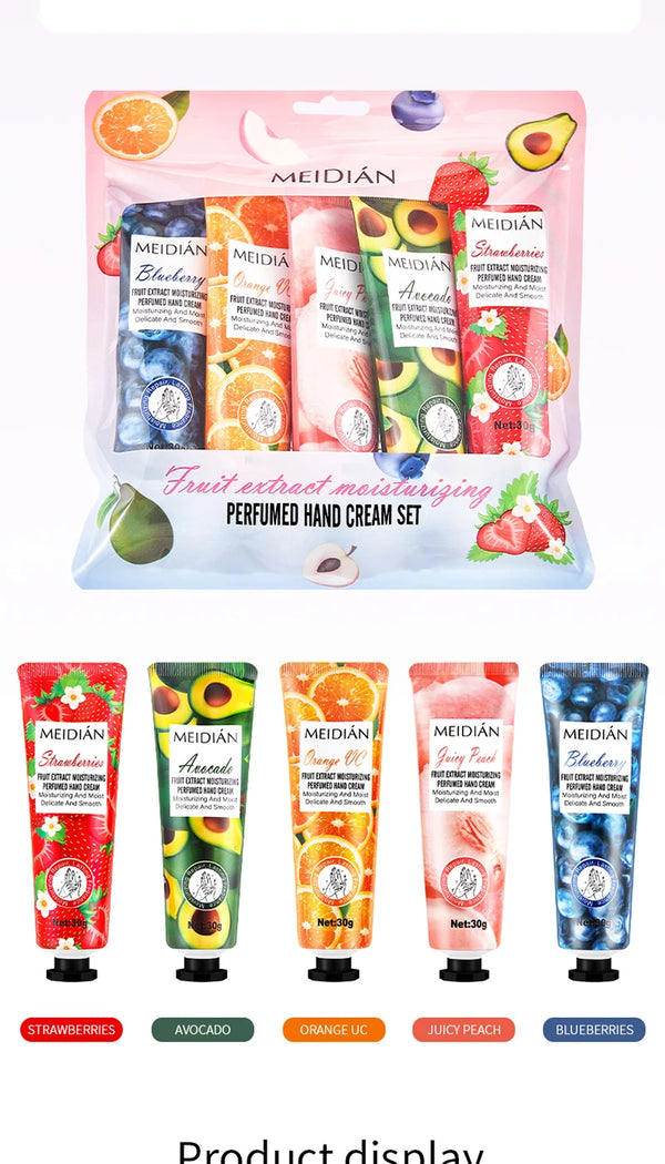Meidian Fruit Fragrance Hand Cream Packaged Set of 5 Moisturizing and Hydrating Hand Cream Set for Autumn and Winter to Prevent Dryness and Cracking, Hand Care Cream for Skin Softening and Nourishment, Hand Moisturizing Cream