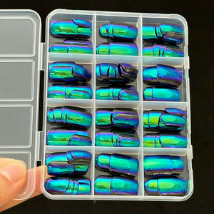 144pcs Blue Chrome Gradation Press on Nails Chameleon Medium Long Square Fake Nails Reflective Mirror Ombre False Nail for Women