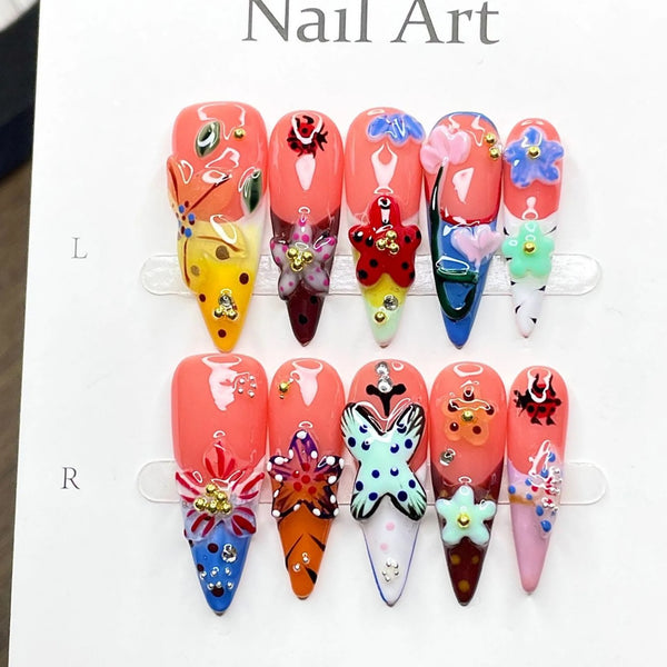10Pcs Long Stiletto Colorful Flowers Rhinestone Summer Fresh Fake Nails for Spice Girl Sweet Cool  Summer Wearable Acrylic Nails