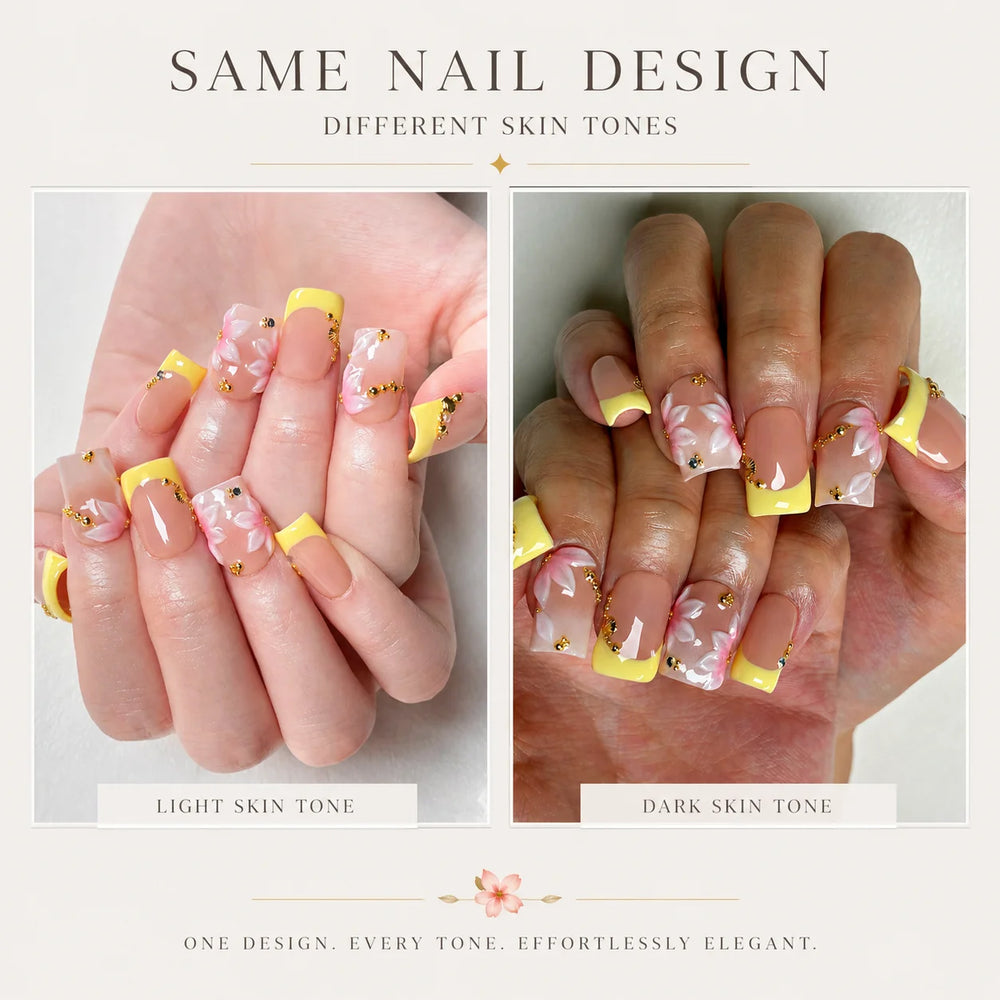 10pcs Handmade Yellow French 3D Petal Press On Nails Long Square Elegant Nude Fake Nails Gold Bead Decor False Nails,Spring Nail