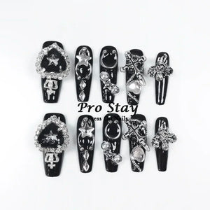 10pcs Dark Black Y2k Hot Girl Handmade Press On Nails Sweet Cool With Diamond Metal Decoration Wearable Artificial False Nail