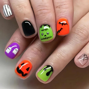 24PCS Halloween Press On Nails Red French Tip Black Spider Web Pattern Holiday Party Cosplay Style Short Square False Nails