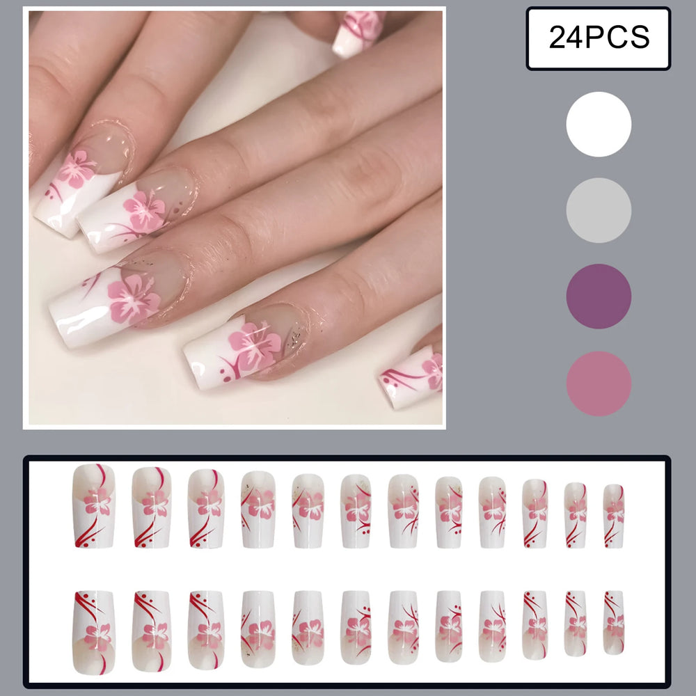Sweet Girls Charms Fake Nails 24Pcs White French Press On Nails Pink Flower Printed Medium Length Coffin False Nails Art