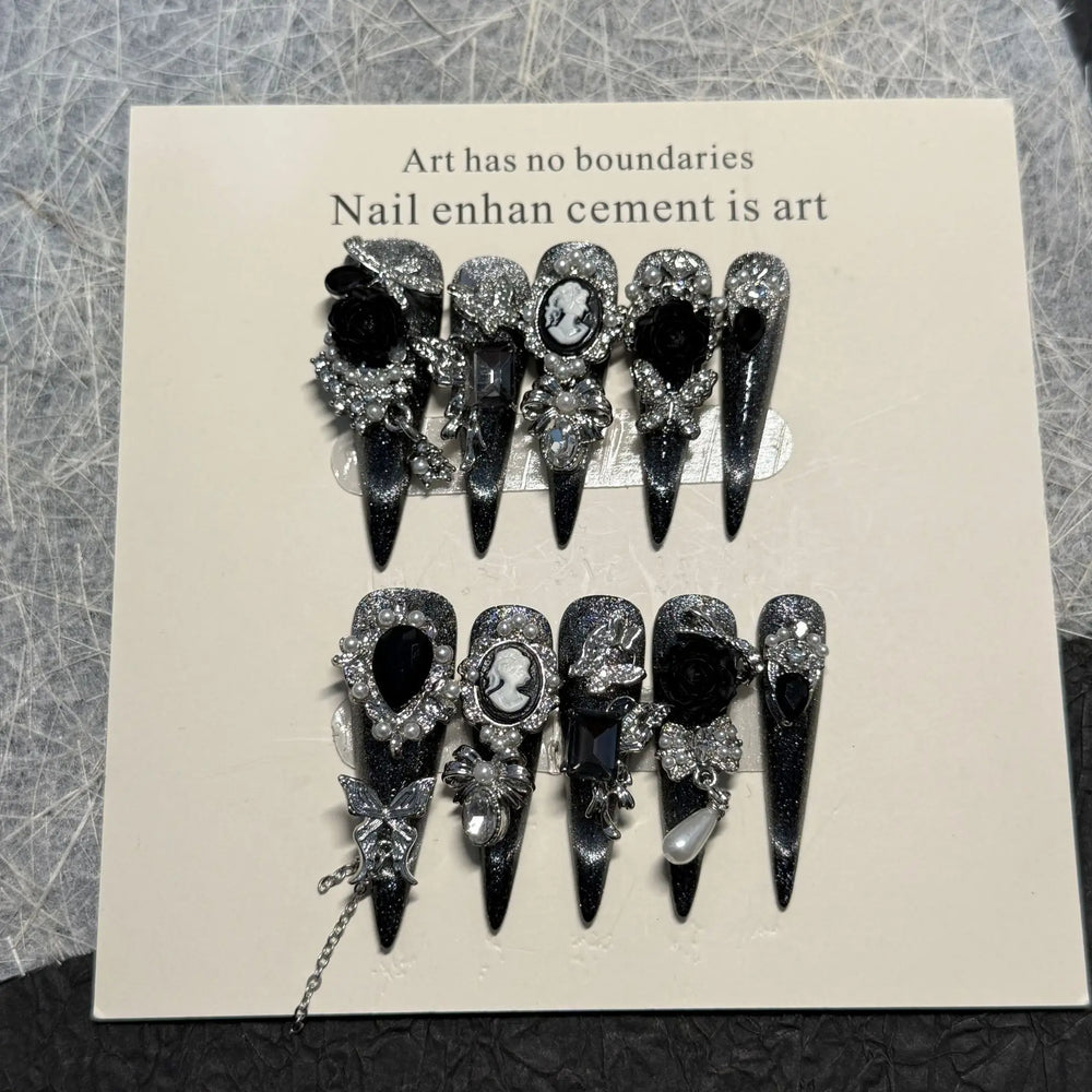 10pcs Y2k Almond False Nails Hot Girl Press on Nails Black Sweet Cool Fake Nails Heart Diamond Bowknot Glue on Nail for Women