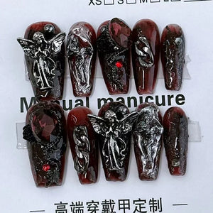 10 Pieces Sweet Cool Dark Style Handmade Wearable Nails Star River Falls Nail Art Patches Scarlet Angel Halloween Fake Nails