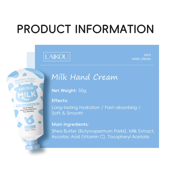 LAIKOU Milk Hand Cream Intensive Hydration Fast-Absorbing Smoothing Repair Dry Cracked Skin Vitamin C Enriched