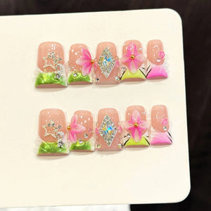 10pcs Duck Bill Shape Press on Nails Ocean Style Nail Art 3D Carving Shell Relief Fake Nails French Handmade Flower False Nails