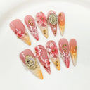 10Pcs Long Stiletto Colorful Flowers Rhinestone Summer Fresh Fake Nails for Spice Girl Sweet Cool  Summer Wearable Acrylic Nails