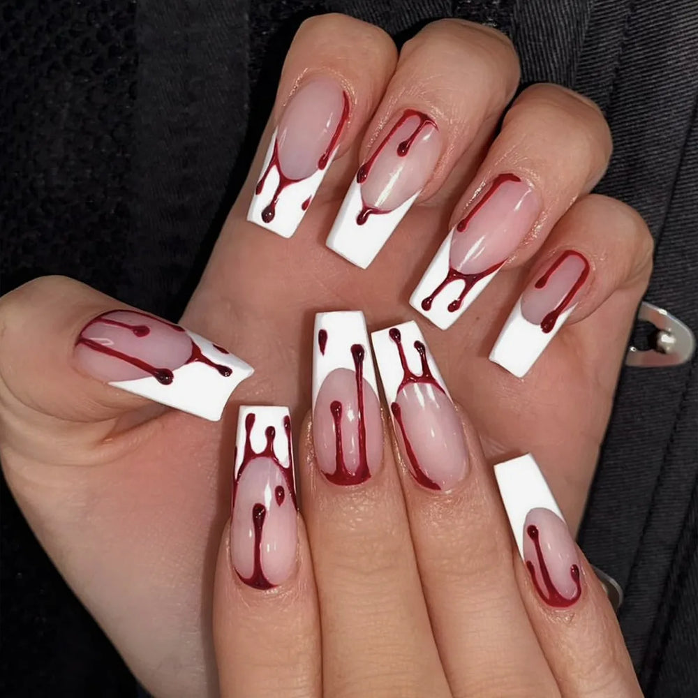 24Pcs Halloween Ballet False Nails with Jelly Blood Droplet Shading Design Coffin Press on Nails Mysterious Atmosphere Fake Nail