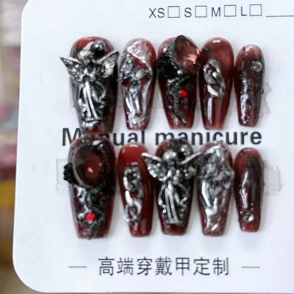 10 Pieces Sweet Cool Dark Style Handmade Wearable Nails Star River Falls Nail Art Patches Scarlet Angel Halloween Fake Nails