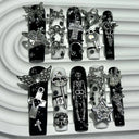 10PCS Extra Long Tube Square Y2K Gyaru Black White Stripes Handmade Press On Nails Stars Cross Fake Nails Planet Gothic Nail Art