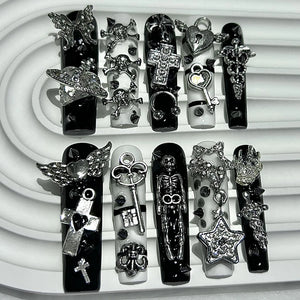 10PCS Extra Long Tube Square Y2K Gyaru Black White Stripes Handmade Press On Nails Stars Cross Fake Nails Planet Gothic Nail Art