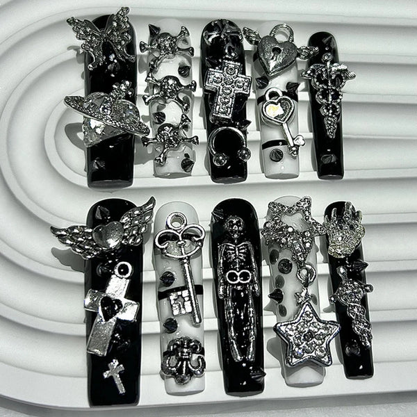 10PCS Extra Long Tube Square Y2K Gyaru Black White Stripes Handmade Press On Nails Stars Cross Fake Nails Planet Gothic Nail Art