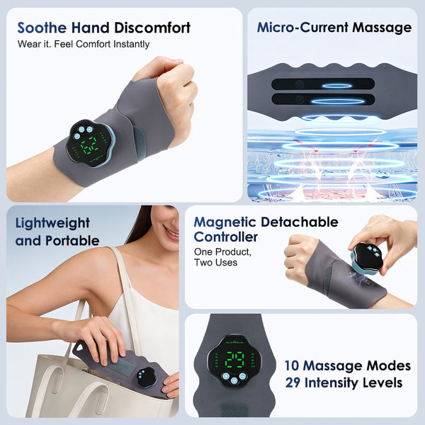 Cordless Wristband for Carpal Tunnel Muscle Fatigue Relief Belt 10 Modes 29 Levels EMS Microcurrent Wrist Guard Hand Massager