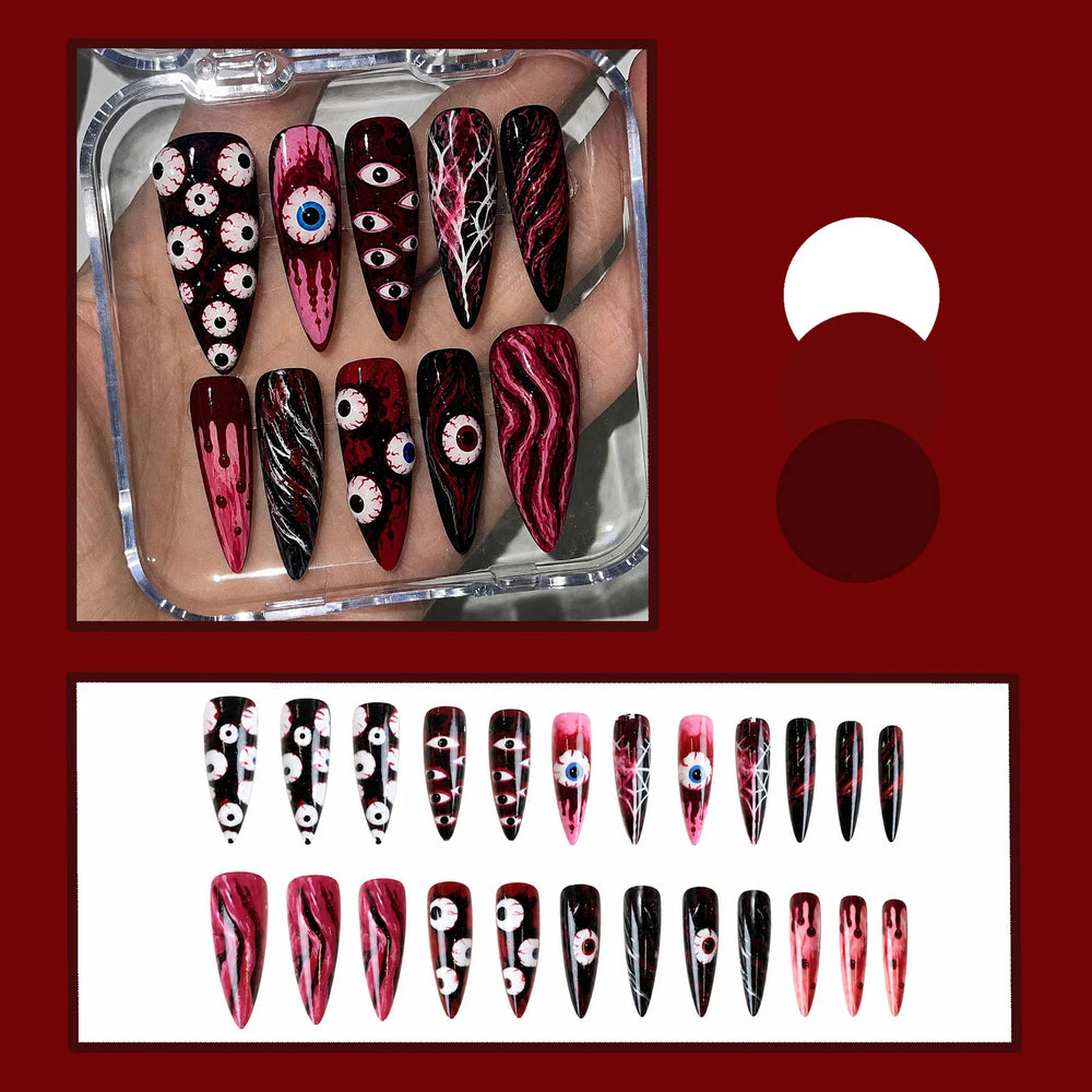 24pcs Blood Color Long Pointed Fake Nails Horror Hundred Eyeballs Decor Press On Nails Halloween Gothic Style Party False Nail
