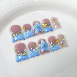 10pcs Duck Bill Shape Press on Nails Ocean Style Nail Art 3D Carving Shell Relief Fake Nails French Handmade Flower False Nails
