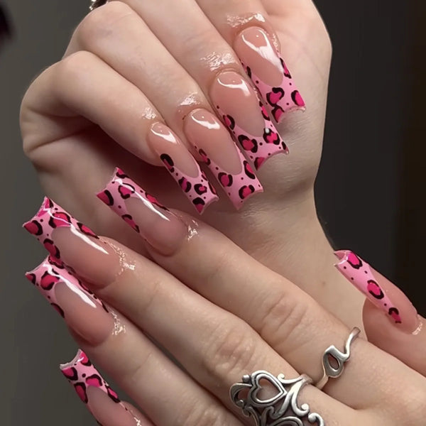 24pcs Pink Leopard Print Fake Nails French Press on Nails Y2K Sweet Cool Long Square False Nails Stars Pearl Rhinestone Nail Art