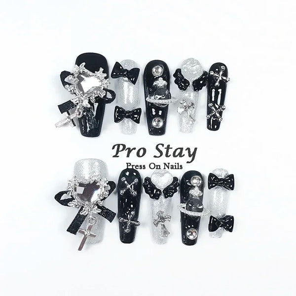 10pcs Dark Black Y2k Hot Girl Handmade Press On Nails Sweet Cool With Diamond Metal Decoration Wearable Artificial False Nail