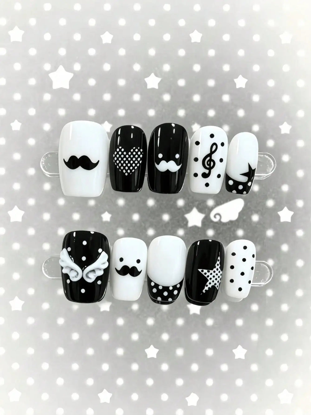 10 Pieces of Handmade Wearable Nail Art Short Square Full-Cover Nail Tips, Black and White Contrasting Colors with Hand-Painted Mustaches, Hearts, Musical Notes, Stars, and 3D Small Wings Decorations, Quirky Sweet-Cool Style,