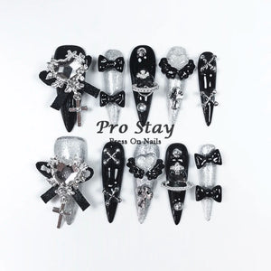 10pcs Dark Black Y2k Hot Girl Handmade Press On Nails Sweet Cool With Diamond Metal Decoration Wearable Artificial False Nail