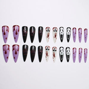 24PCS Halloween Press On Nails Red French Tip Black Spider Web Pattern Holiday Party Cosplay Style Short Square False Nails