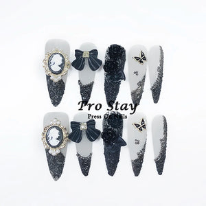 10pcs Dark Black Y2k Hot Girl Handmade Press On Nails Sweet Cool With Diamond Metal Decoration Wearable Artificial False Nail