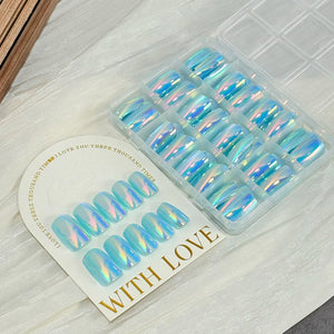 144pcs Blue Chrome Gradation Press on Nails Chameleon Medium Long Square Fake Nails Reflective Mirror Ombre False Nail for Women