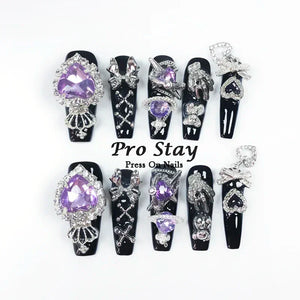 10pcs Dark Black Y2k Hot Girl Handmade Press On Nails Sweet Cool With Diamond Metal Decoration Wearable Artificial False Nail