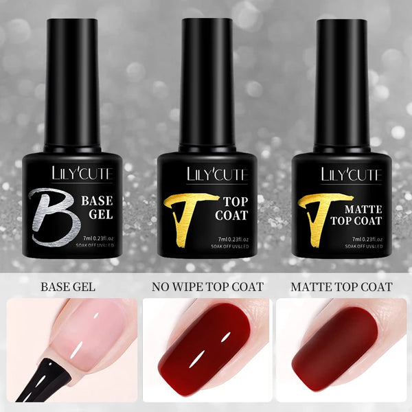 LILYCUTE 7ml Base Nowipe Top Coat Soak Off UV LED Gel Nail Polish Reinforcement Gel Semi Permanent Multifunction Gel Varnishes