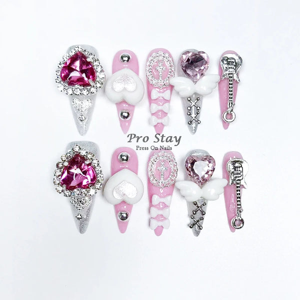 10pcs Dark Black Y2k Hot Girl Handmade Press On Nails Sweet Cool With Diamond Metal Decoration Wearable Artificial False Nail